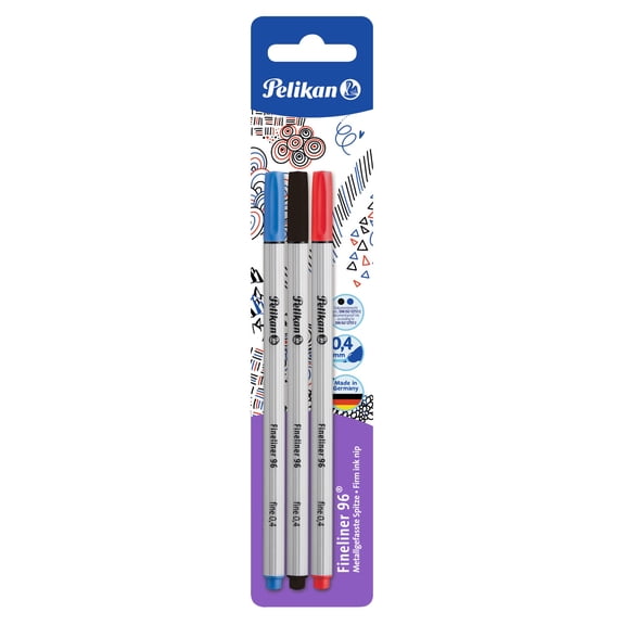 Pelikan Fineliner 96 Pens, 0.4mm Tip, Blister Packaging, 3 Colors/Set (Black, Blue, Red) (940627)