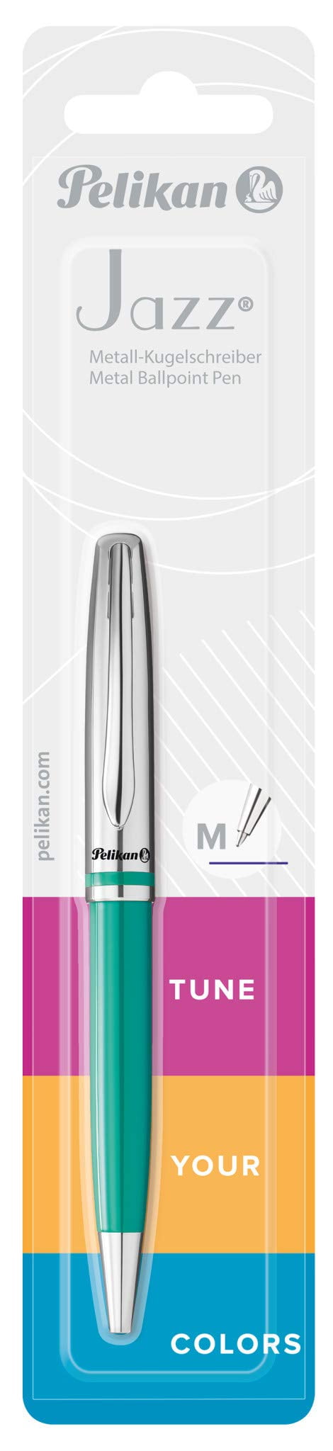 Pelikan Jazz Classic Ballpoint Pen, Medium Nib, Blue Ink Refill Included, Metal, Turquoise, Blister Card, 1 Each (815048)