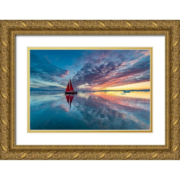 Pelissier, Marc 32x23 Gold Ornate Wood Framed with Double Matting Museum Art Print Titled - Greenland Fire Sky