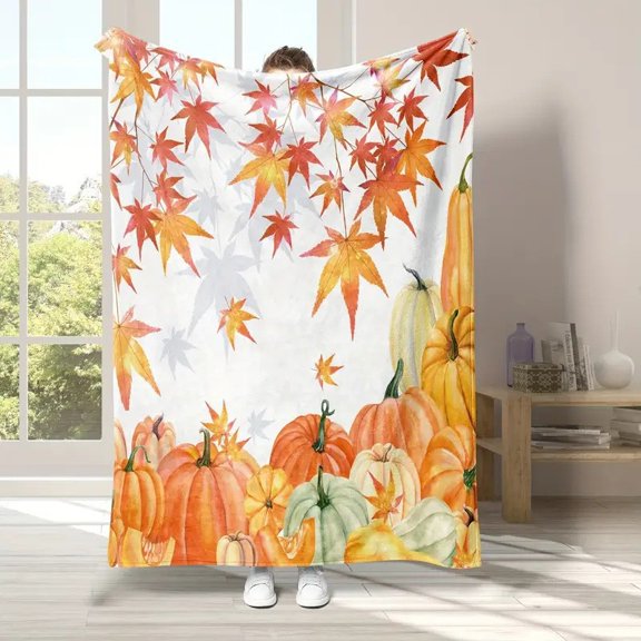 Peliui Thanksgiving Autumn Maple Leaves Pumpkin Throw Blanke, Soft Fluffy Plush Bedding Layer Cozy Seasonal Lounge Shawl for Adults Teens Sofa Couch Dorm, Halloween Autumn Seasonal Home Decor Gift