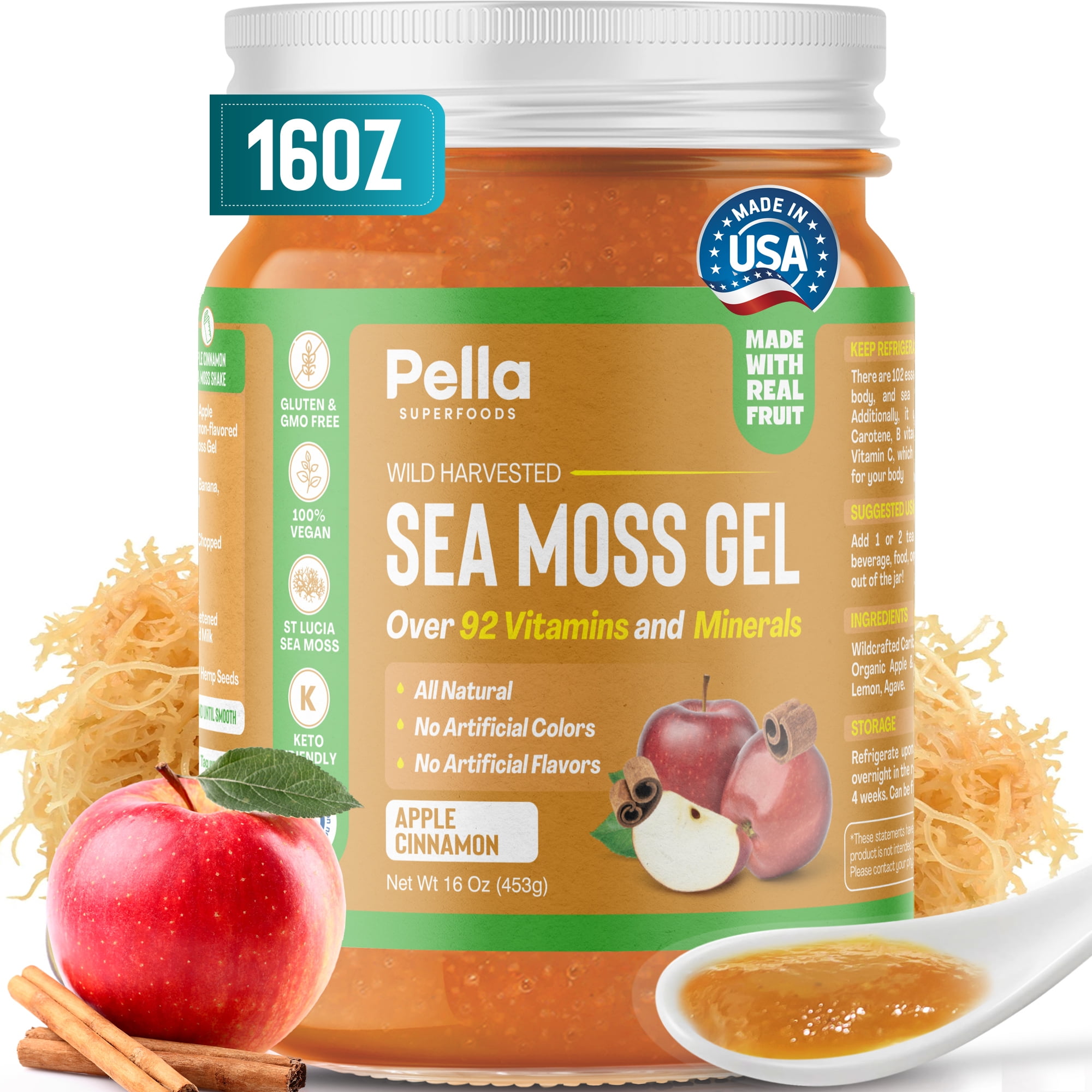 Pella Nutrition Irish Sea Moss Gel Organic Apple Cinnamon 16 oz Multivitamin & Mineral