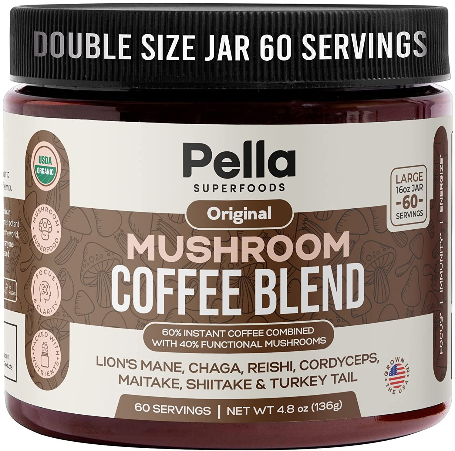 Pella Nutrition Organic Mushroom Coffee Blend, Instant Coffee (4.8 oz