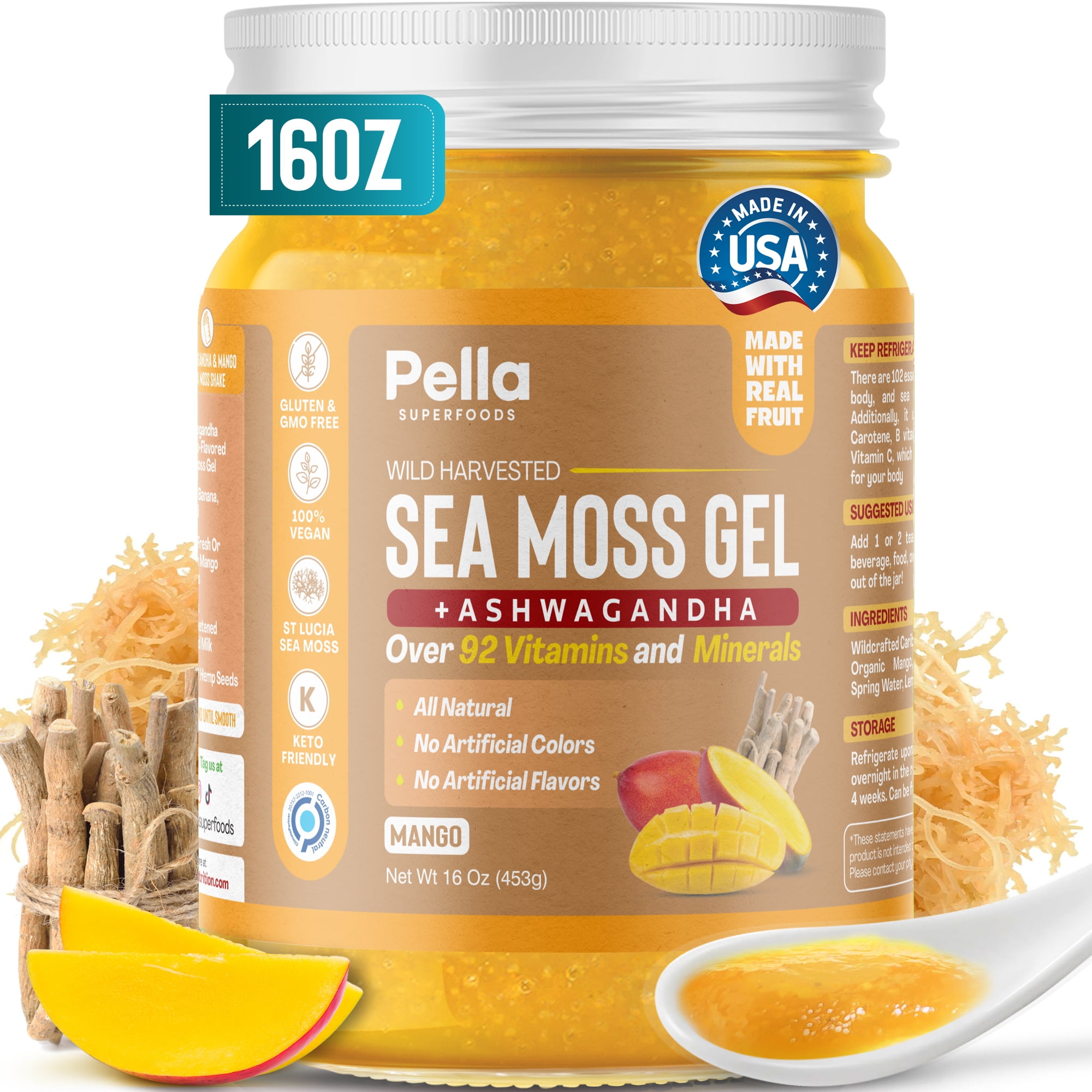 Pella Nutrition Sea Moss Gel Organic Ashwagandha & Mango 16 oz