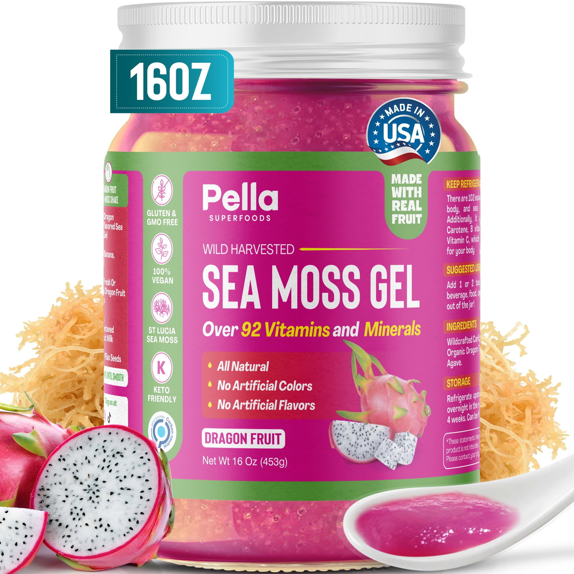 Pella Nutrition Sea Moss Gel Organic Dragon Fruit 16 oz Multivitamin