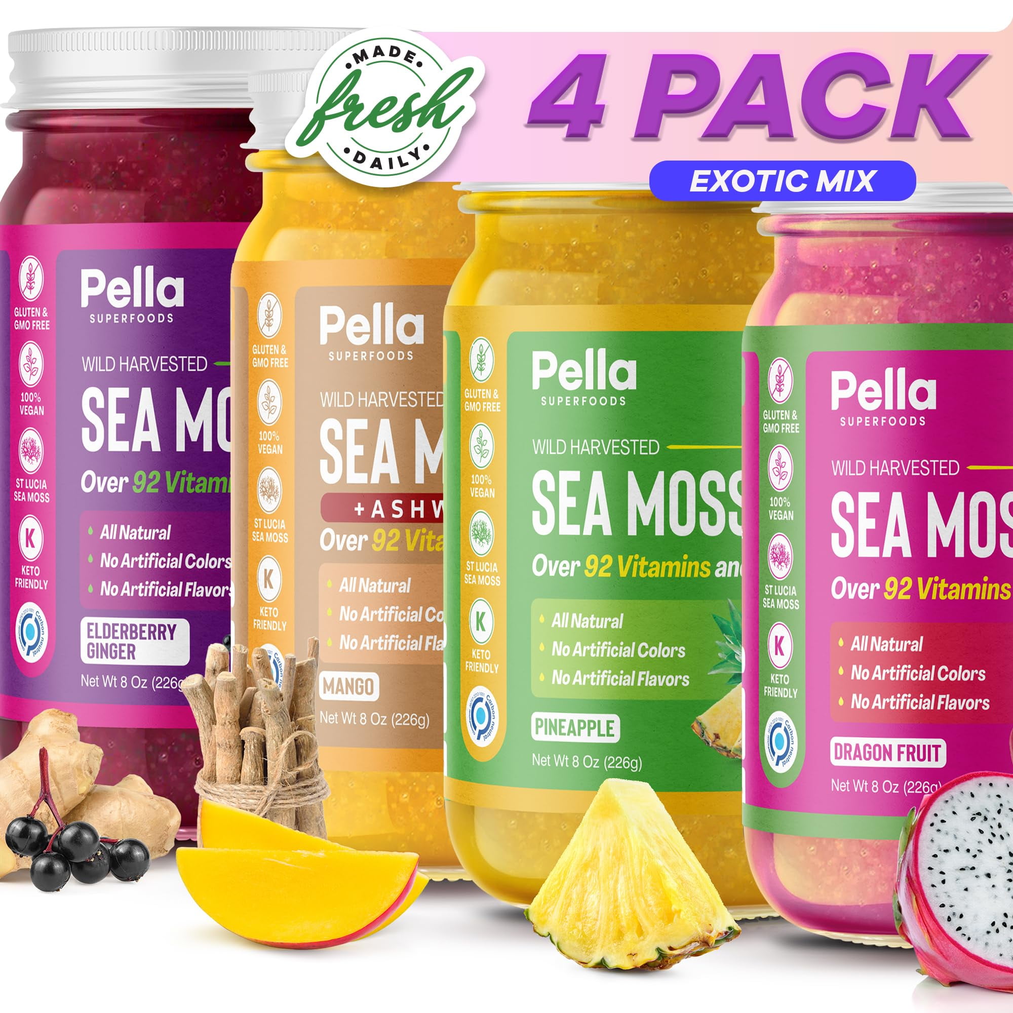 Pella Nutrition Sea Moss Gel Organic, Dragon Fruit, Ashwagandha Mango