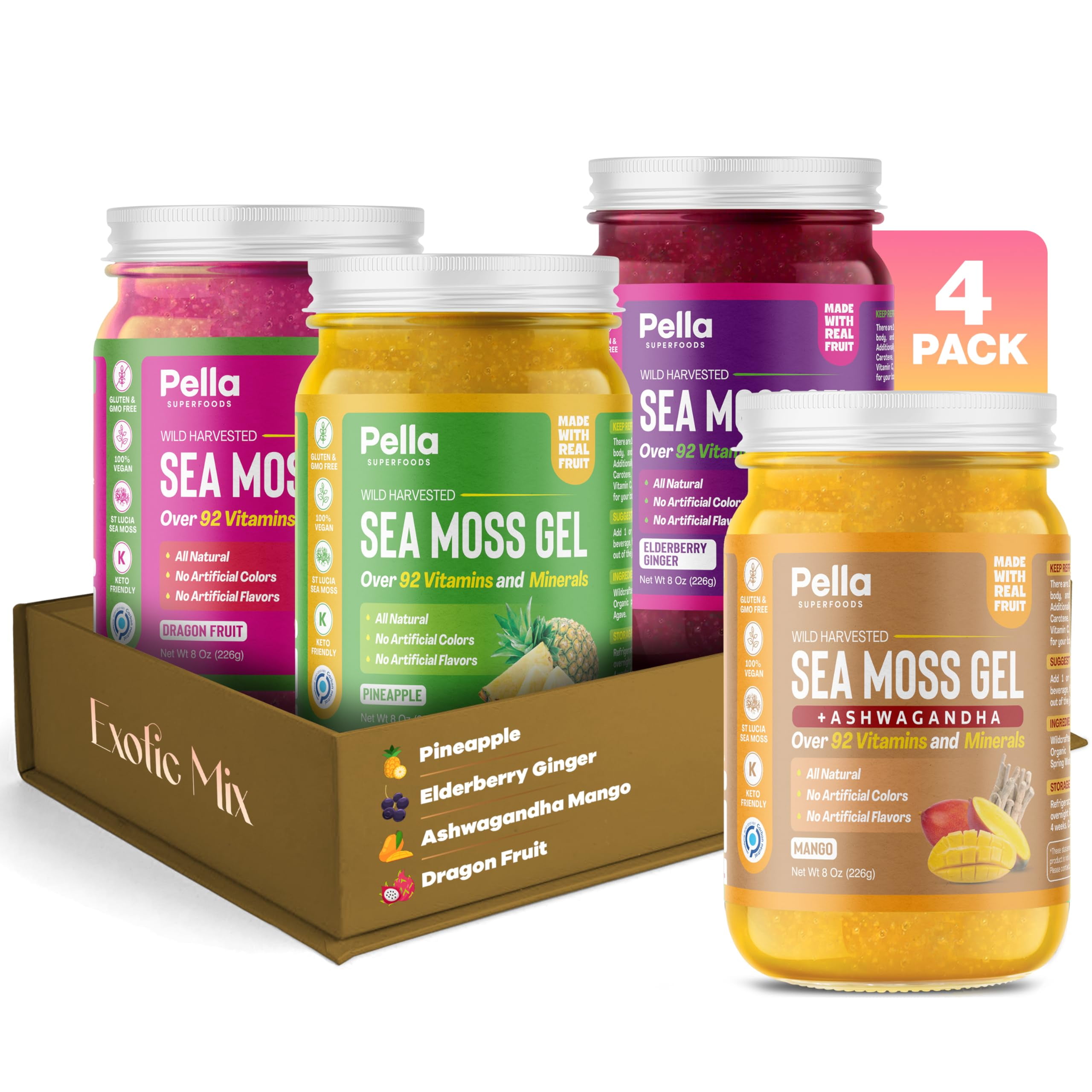 Pella Nutrition Sea Moss Gel Organic, Dragon Fruit, Ashwagandha Mango