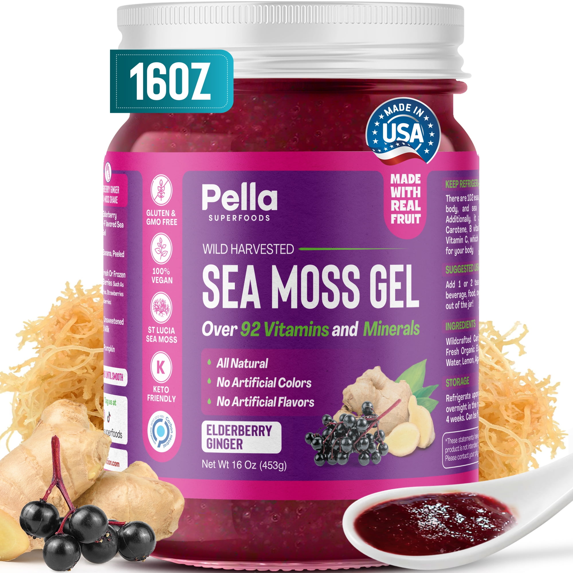 Pella Nutrition Sea Moss Gel Organic, Elderberry Ginger, 16 oz Unisex