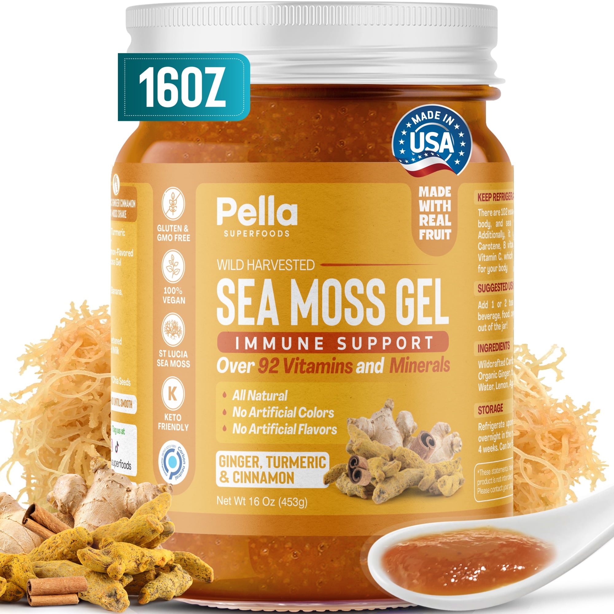 Pella Nutrition Sea Moss Gel Organic, Ginger, Turmeric & Cinnamon, 16