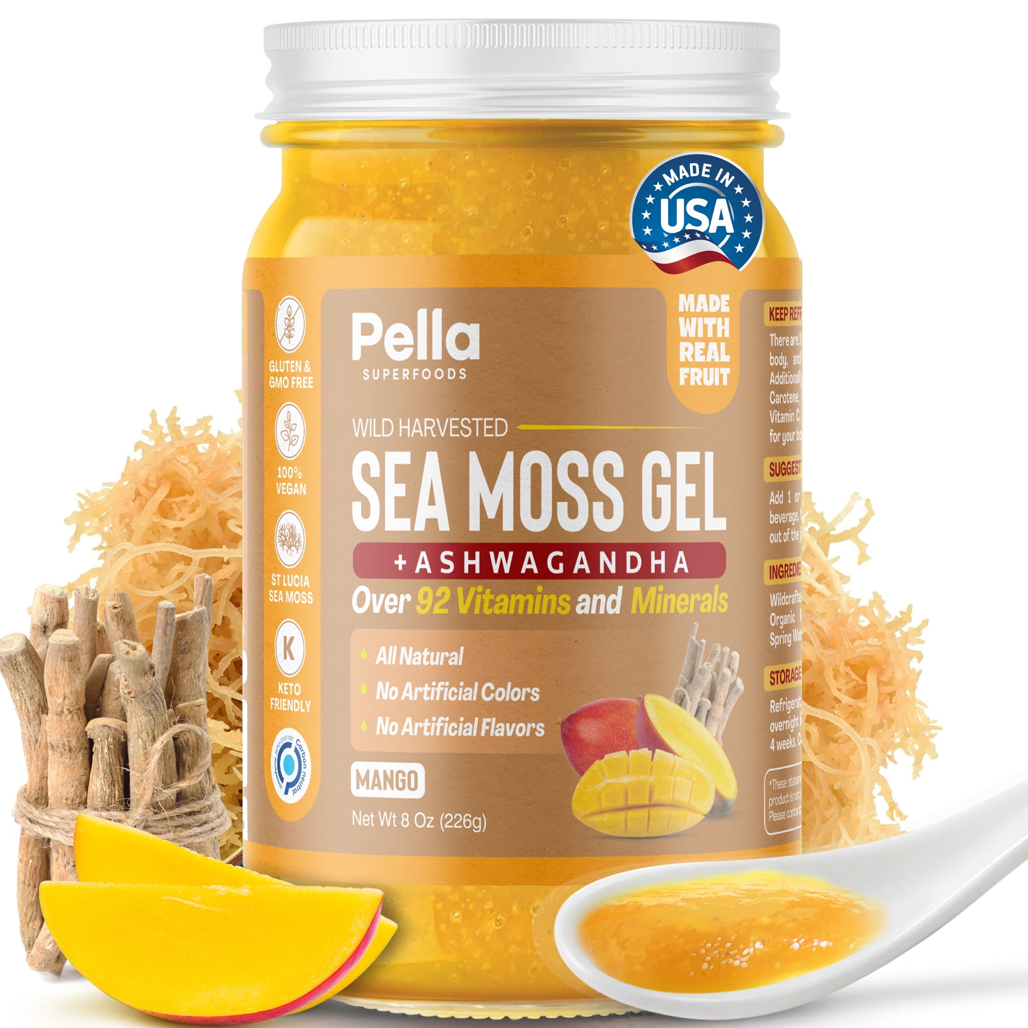 Pella Nutrition Sea Moss Gel Superfood, Ashwagandha & Mango, 8 oz