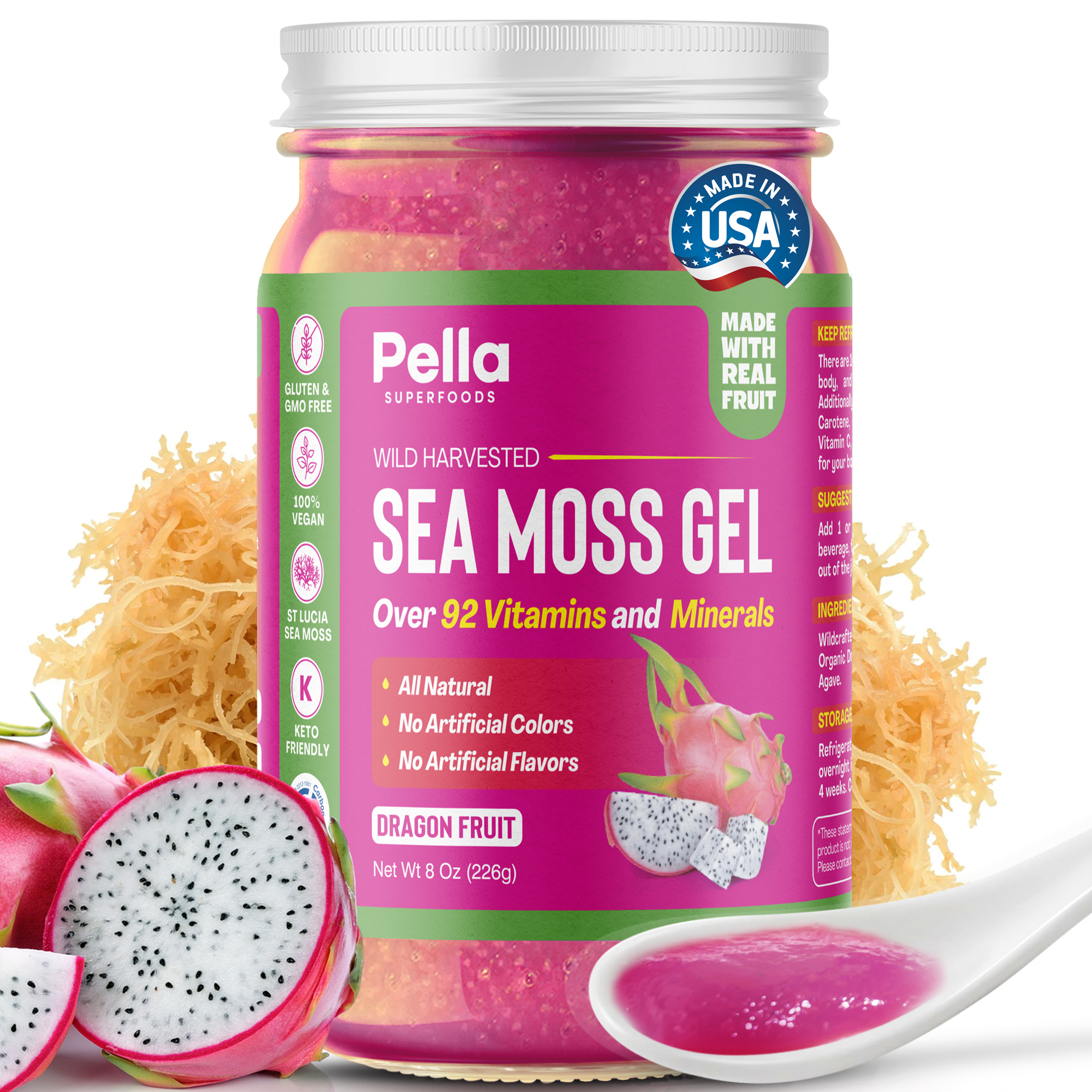 Pella Nutrition Sea Moss Gel Superfood, Dragon Fruit, 8 oz