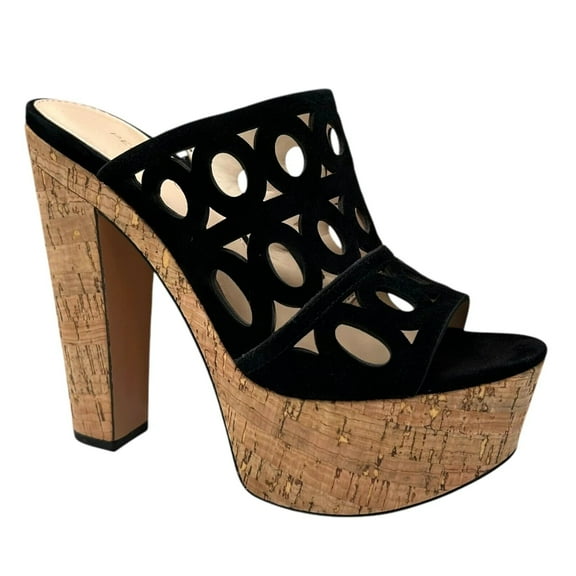 Pelle Moda Peep Toe Women’s Sandal Size 8.5 Black Suede Cork Platform Block Heel