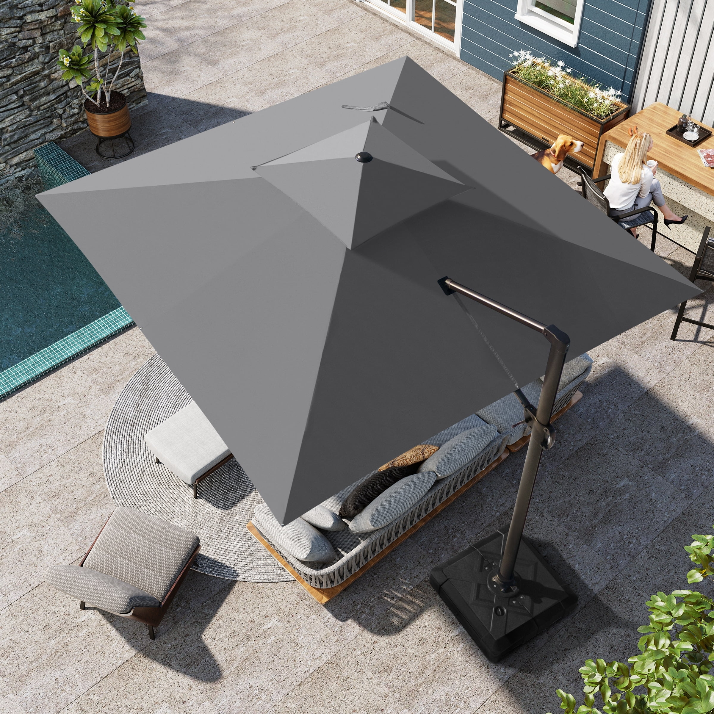 Pellebant 11' Patio Cantilever Offset Umbrella 360 degrees Rotation Square Double Canopy Dark Gray