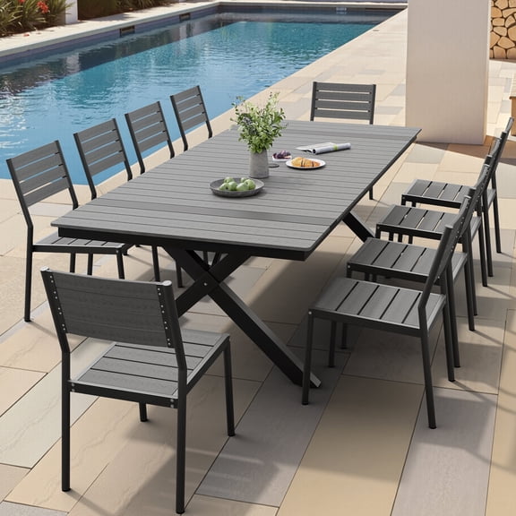 Pellebant 11 Piece Patio Table and Chairs Set for 10, Aluminum Outdoor Dining Set with Umbrella Hole, Stackable Dining Chairs & 94" Dining Table, Grey