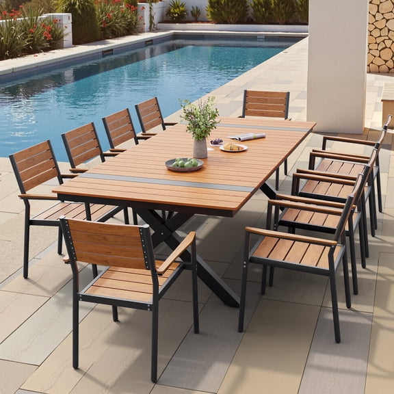 Pellebant 11-Piece Patio Outdoor Dining Set for 10, 94" Teak Wood-Grain Table with Umbrella Hole & Stackable Chairs with Armrest