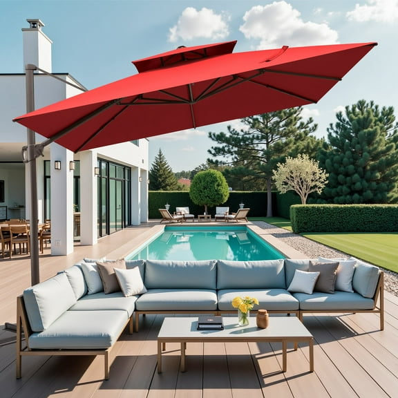 Pellebant 11 ft. x 11 ft. Square Double Top Patio Cantilever Umbrella, Red