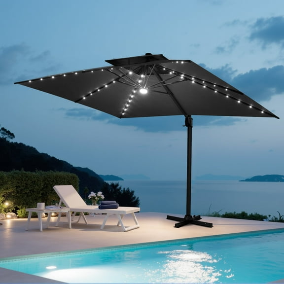 Pellebant 13 ft. x 10 ft. Double Top Patio Umbrella Rectangular Cantilever with Light