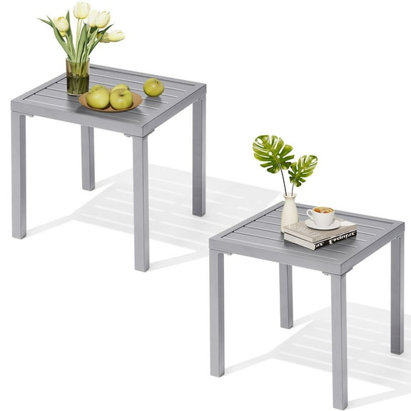 Pellebant 16" Outdoor Side Table Set of 2, All-Weather Square Metal Patio End Table for Garden, Porch, Deck, Backyard, Grey