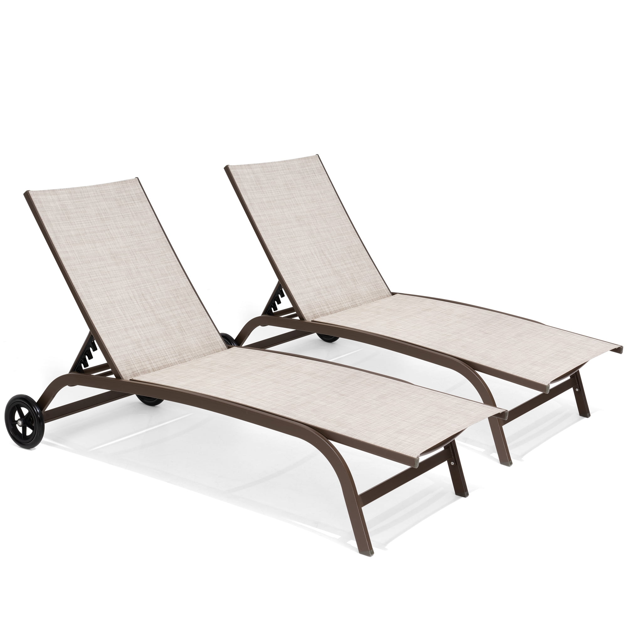Beige Textilene Outdoor Chaise Lounge with Brown Metal Frame