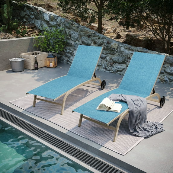 Pellebant 2PCS Outdoor Adjustable Chaise Lounge Chair with Wheels - N/A Blue