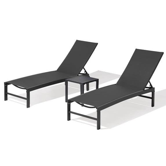 Pellebant 3‑Piece Outdoor Aluminum Chaise Lounge Set, 2 Adjustable Recliners + Side Table, All‑Weather Pool & Patio Sun Loungers, Black