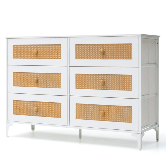 Pellebant 6 Drawer Rattan Dresser,Sideboard Buffet Cabinet for Bedroom Living Room, White