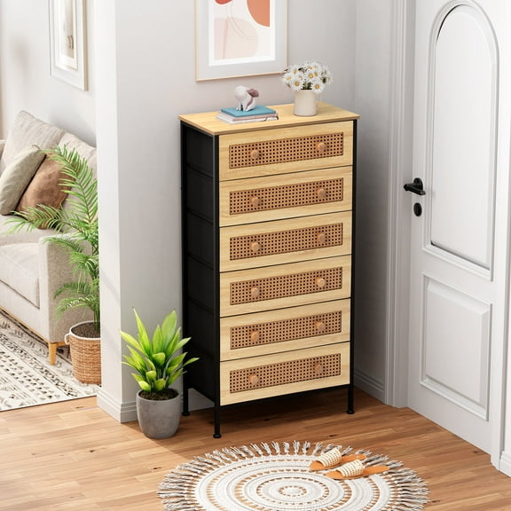 Pellebant 6 Drawer Rattan Dresser Storage Tower, Tall Fabric Chest with Wood Top for Bedroom, Hallway, Entryway, Closet (Natural)