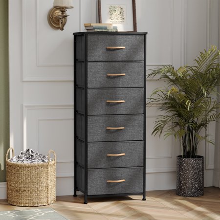 Pellebant 6 Drawers Vertical Storage Tower Grey 17.7" W x 11.8 " D x 46 " H Metal Finish Dark Wood