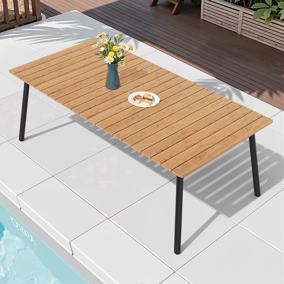 Pellebant 83" Patio Outdoor Dining Table for 6-8, Sturdy Aluminum Frame Wood-Grain Top with Umbrella Hole, Brown