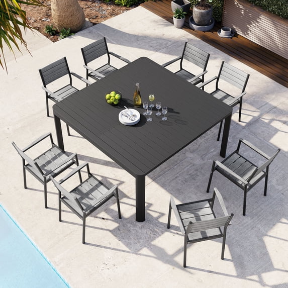 Pellebant 9 Pcs Patio Dining Set Aluminum Expandable Table and Chairs Set for 6-8 People Black
