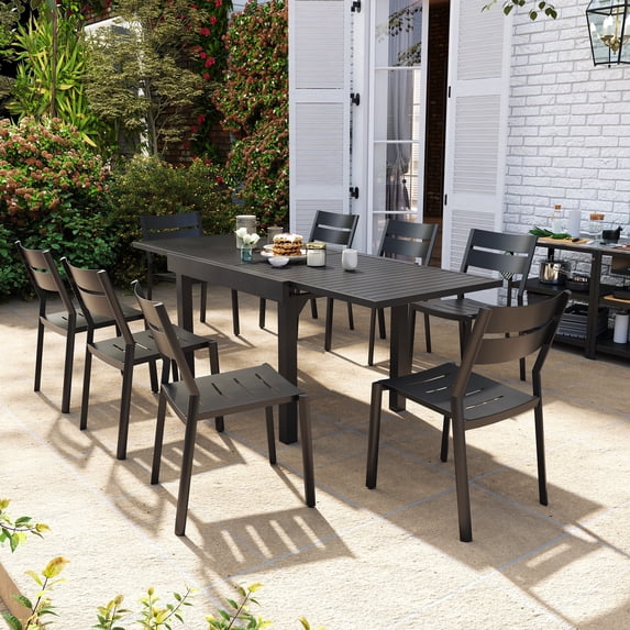 Pellebant 9-Piece Aluminum Patio Dining Set for 8, Outdoor Expandable Table and Stackable Chairs, Black