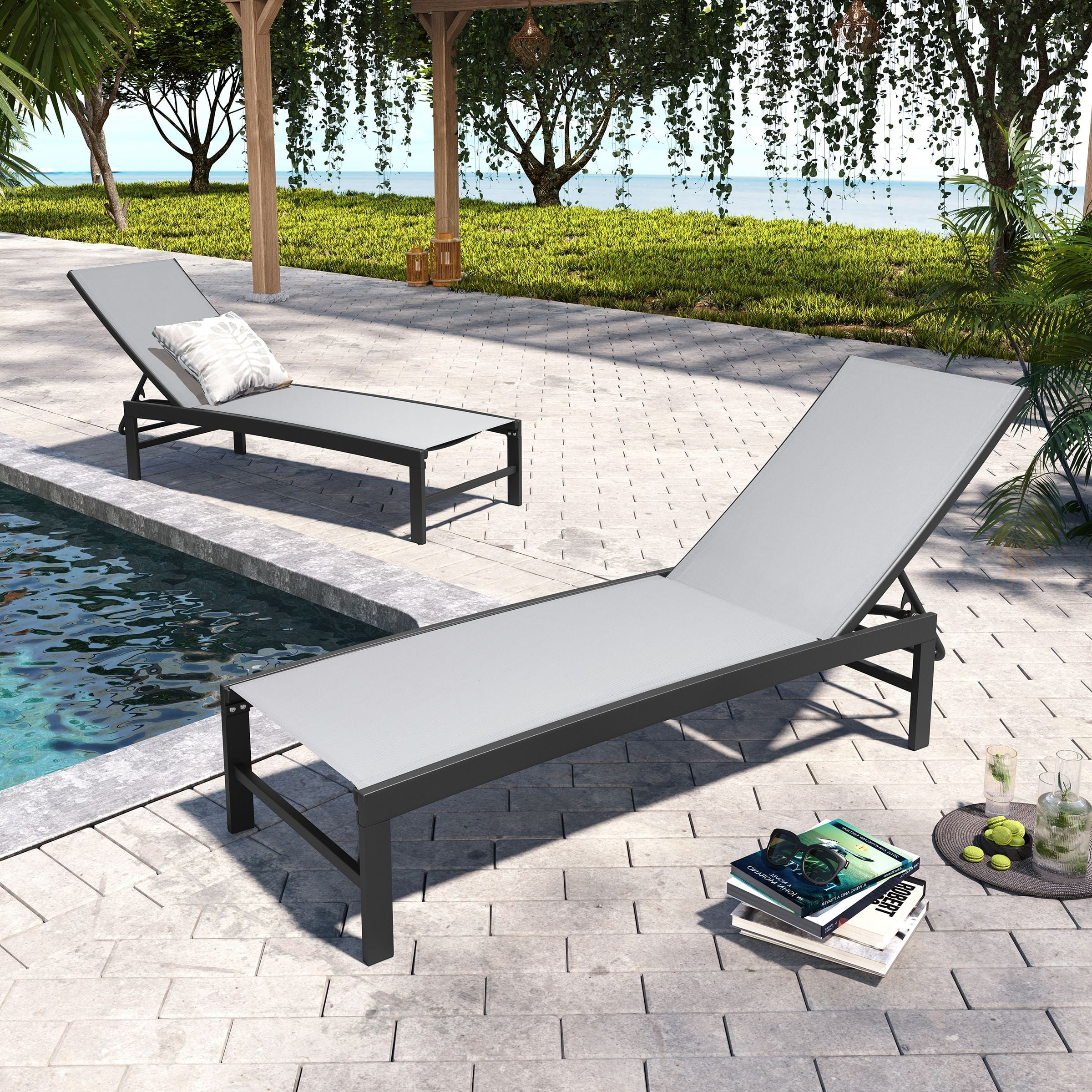 Pellebant Adjustable Aluminum Patio Chaise Lounge Chairs Outdoor (Set of 2) Light Grey Fabric ...