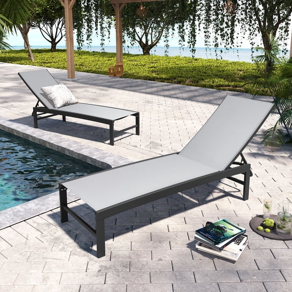 Pellebant Adjustable Aluminum Patio Chaise Lounge Chairs Outdoor (Set of 2) Light Grey Fabric,Dark Grey Frame