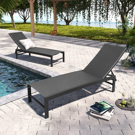 Pellebant Aluminum Adjustable Chaise Lounge Chairs - Set of 2, Dark Grey