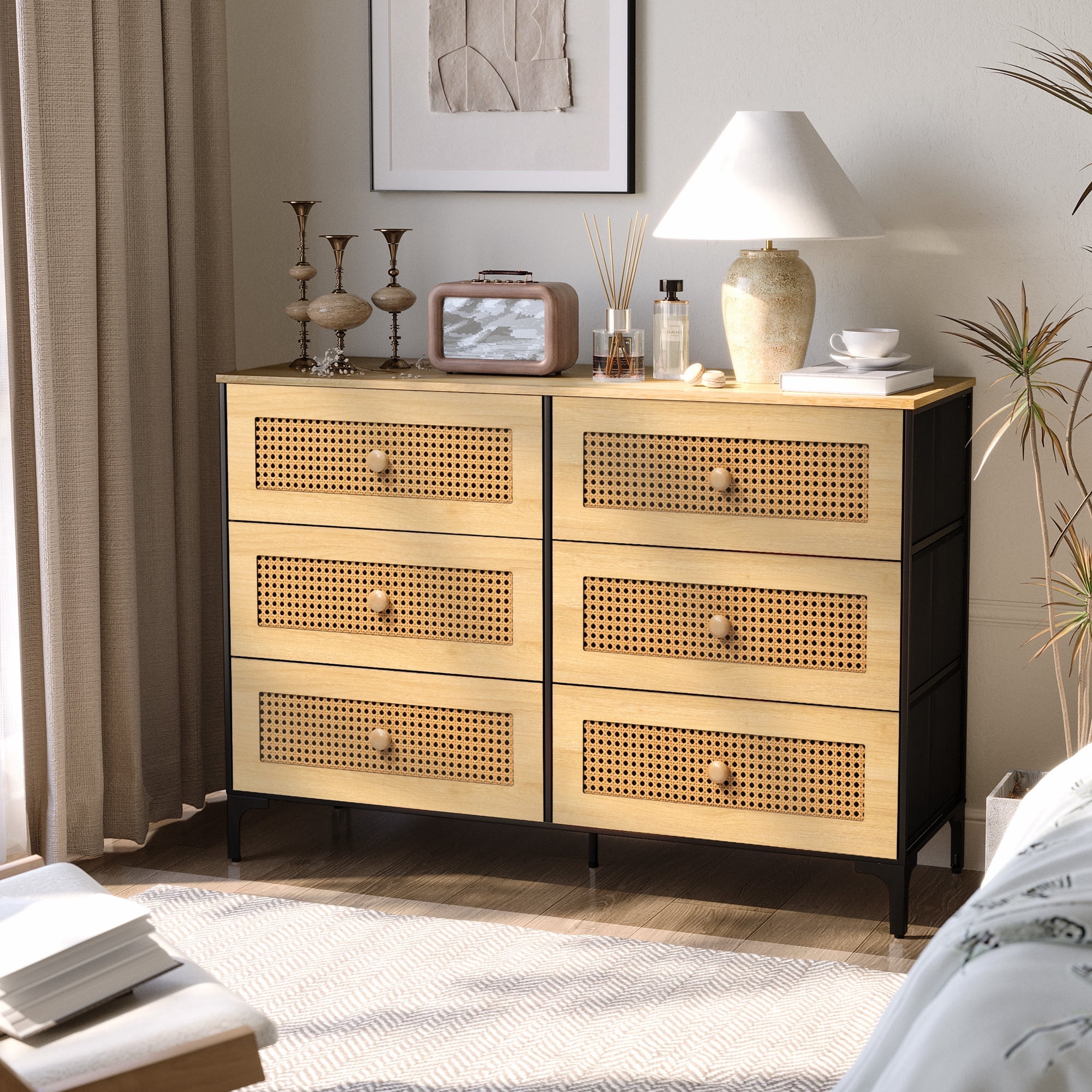 Pellebant Boho Buffet Cabinet with Storage, Sideboard Cabinet with Rattan Decorated Doors and ...