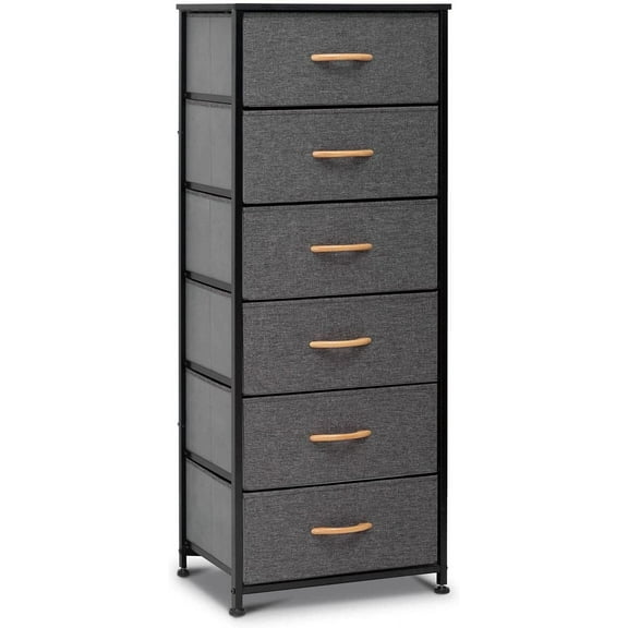 Pellebant Dresser for Bedroom with 6 Drawers, Tall Dresser Vertical Storage Tower, Sturdy Metal Frame, Fabric Storage Bins with Plastic Handle and Wooden Top, Organizer Unit for Closet/Hallway, Grey