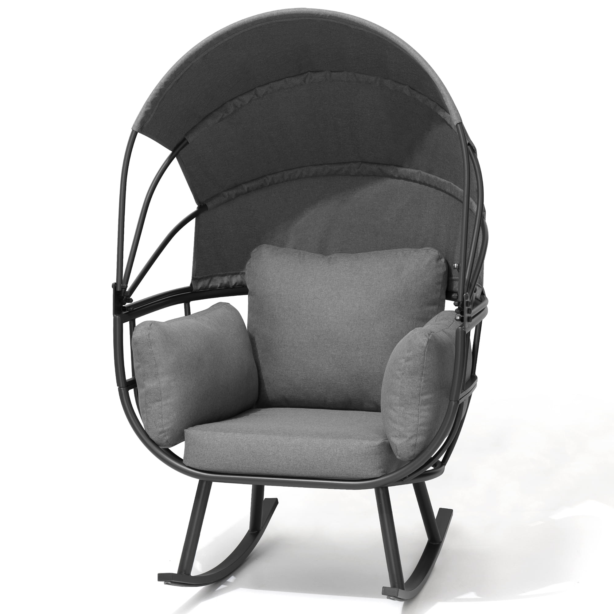 Gray and Black Iron Rocking Egg Chair with Cushions and Canopy