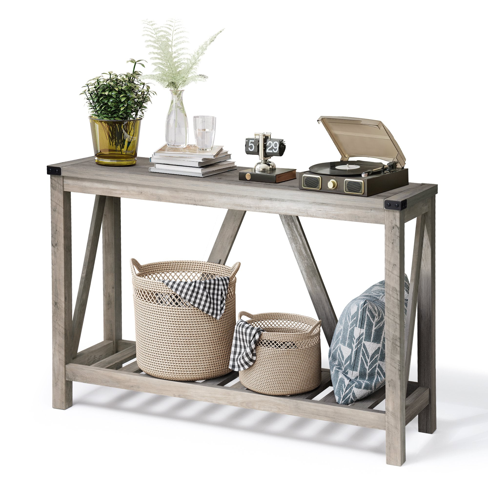 Pellebant Rustic Entryway Wood Table, Modern Farmhouse Grey Wash Console with Shelves and Shoe