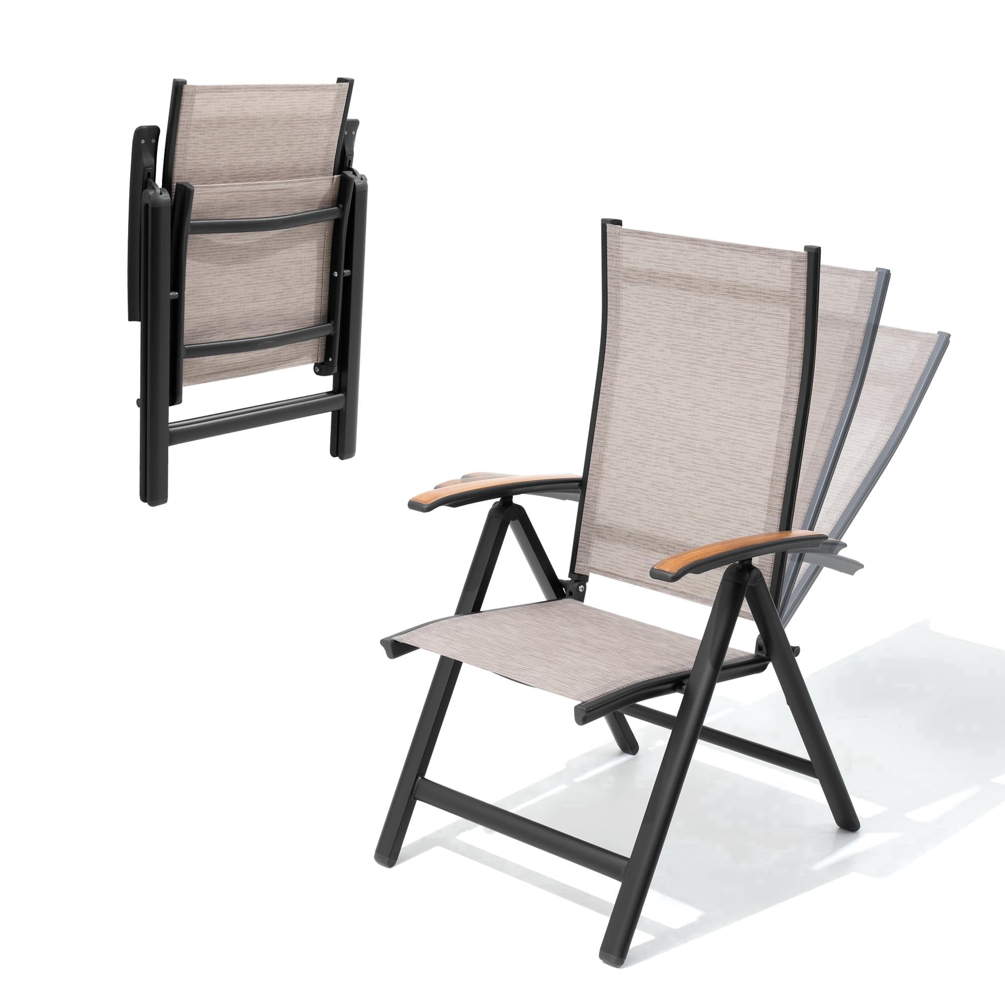 Pellebant Folding Outdoor Chairs Set of 2, High Back Aluminum Patio Recliners with Teak Armrests for Outside Porch, No Assembly Required