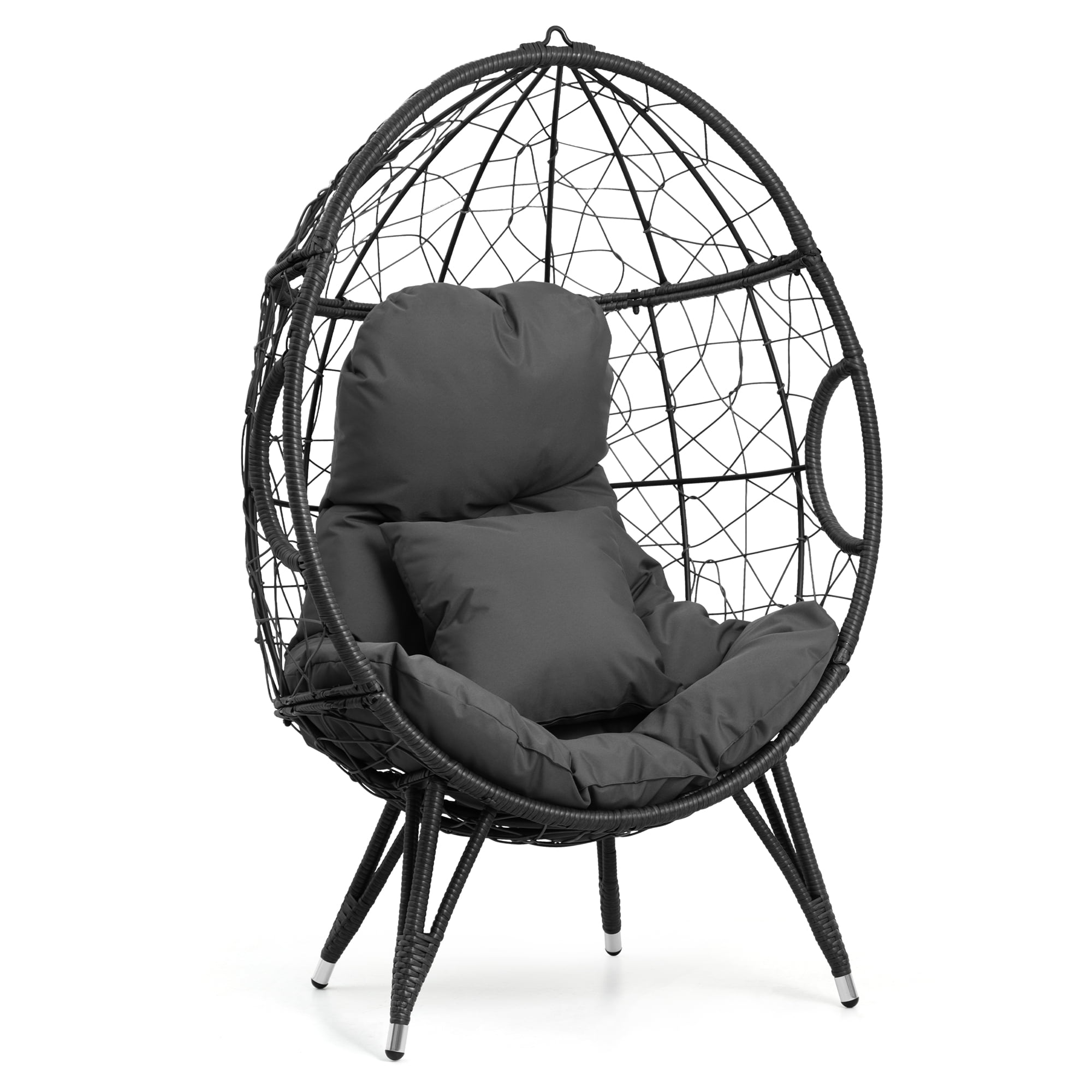 Gray Wicker Egg Chair with Cushions and Steel Frame
