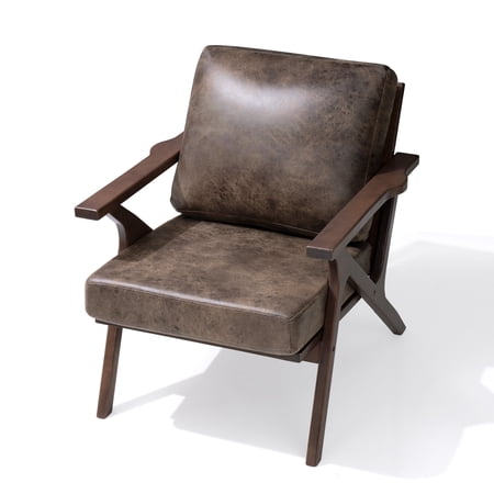 Pellebant Mid-Century Accent Armchair Farmhouse Upholstered Wooden Lounge Chair,Brown