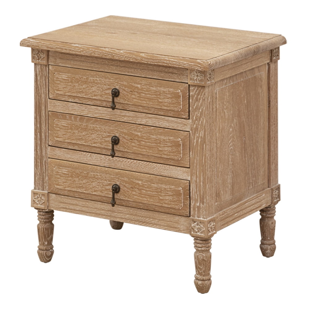 Rustic Oak 3-Drawer Nightstand with Carved Legs