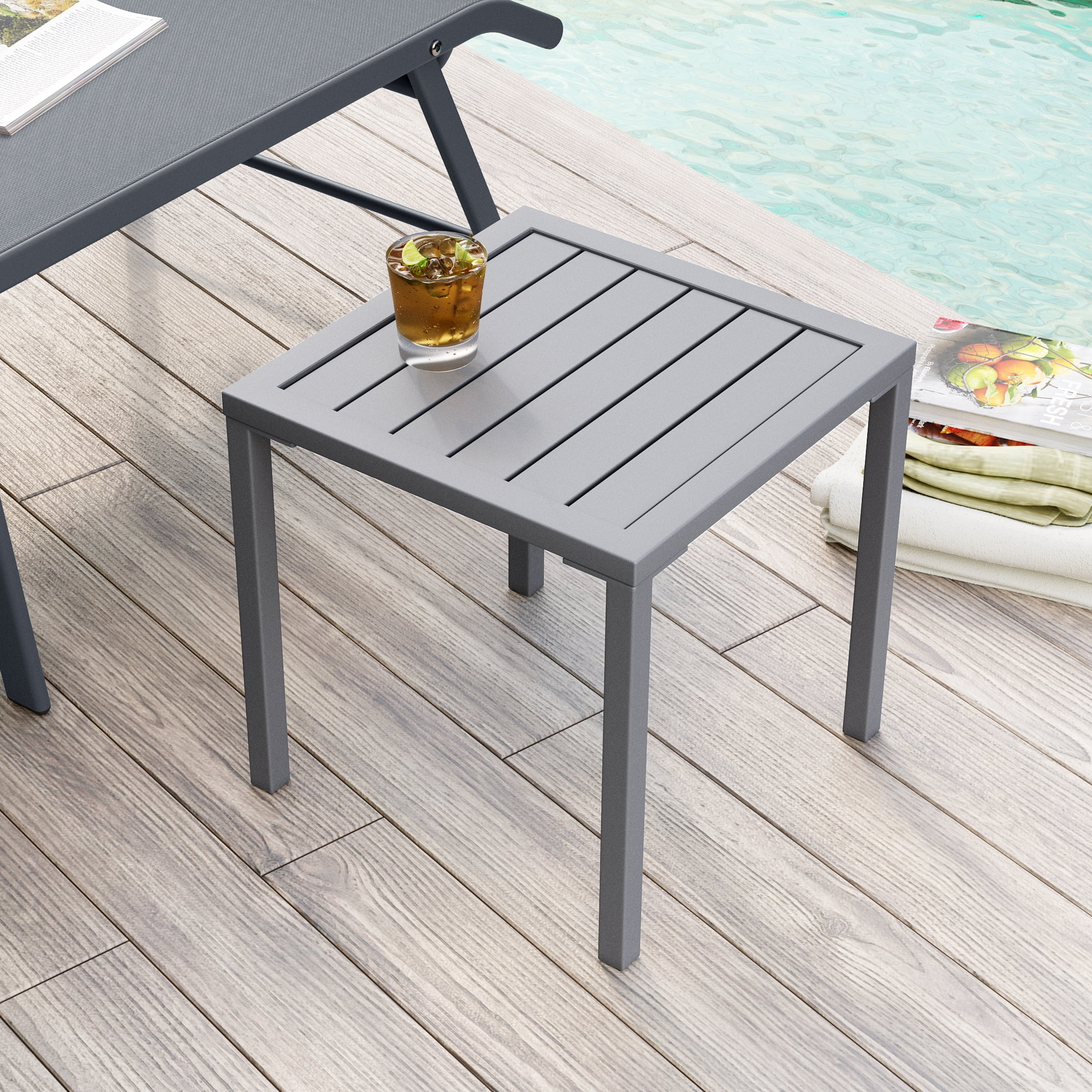 Light Gray Aluminum Outdoor Square Side Table 15.83"