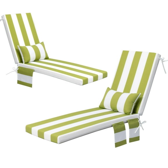 Pellebant Outdoor Chaise Lounge Cushion with Pillow and Side Pocket Waterproof Lounge Chair Cushion 80" x 22"(2-Pack, Green & White Stripes)