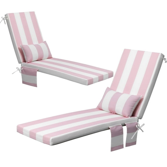 Pellebant Outdoor Chaise Lounge Cushion with Pillow and Side Pocket Waterproof Lounge Chair Cushion 80" x 22"(2-Pack, Pink & White Stripes)