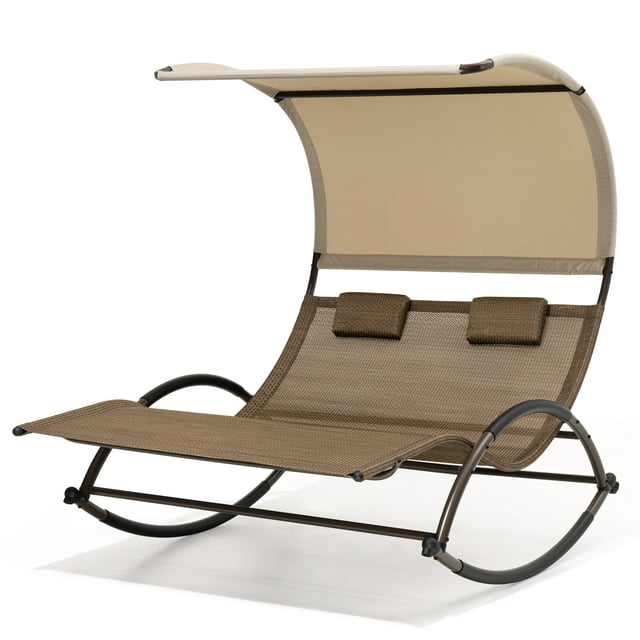 Pellebant Outdoor Double Chaise Lounge with Shade Patio Metal Rocking Chair in Brown