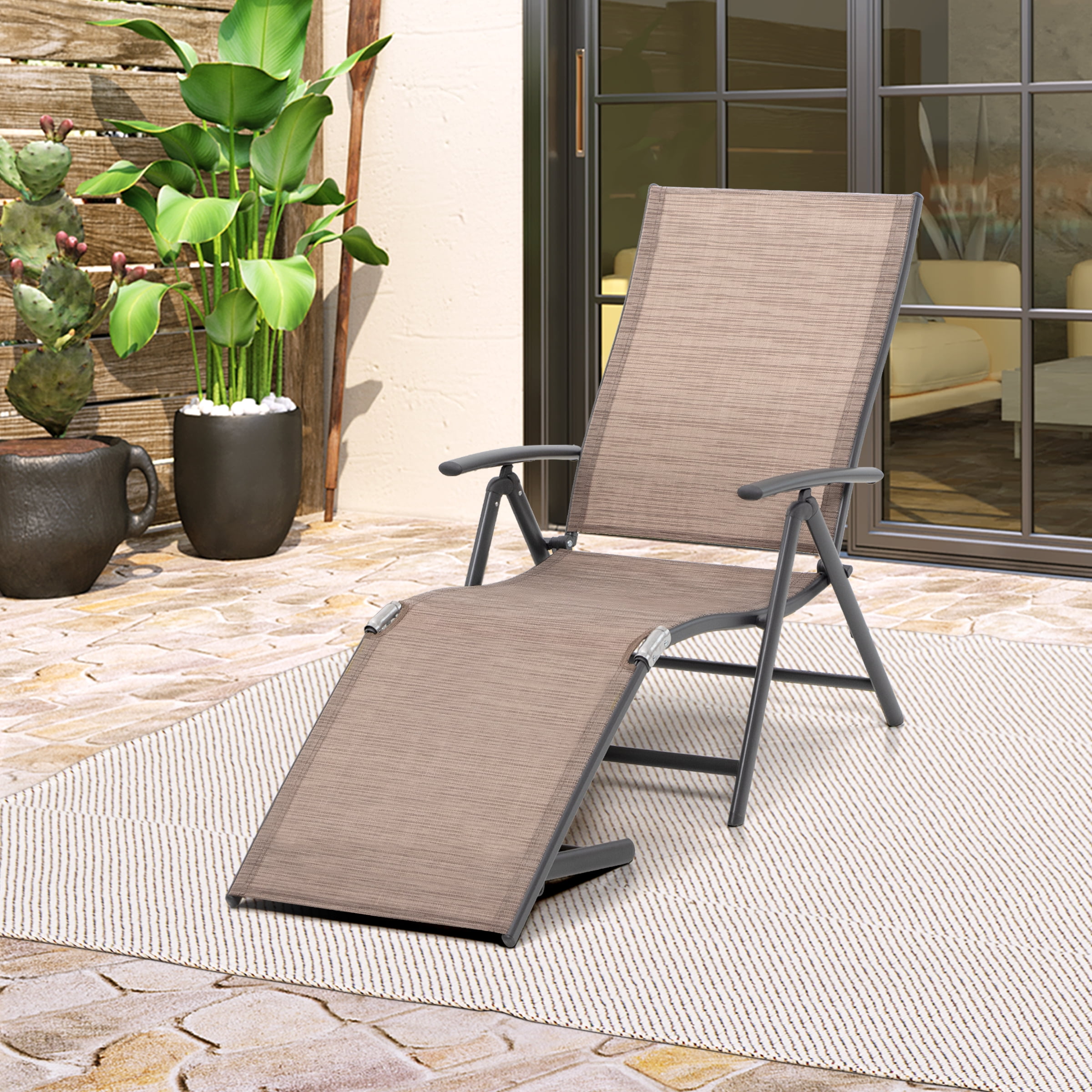 Espresso Gray Aluminum Outdoor Chaise Lounge with Arms