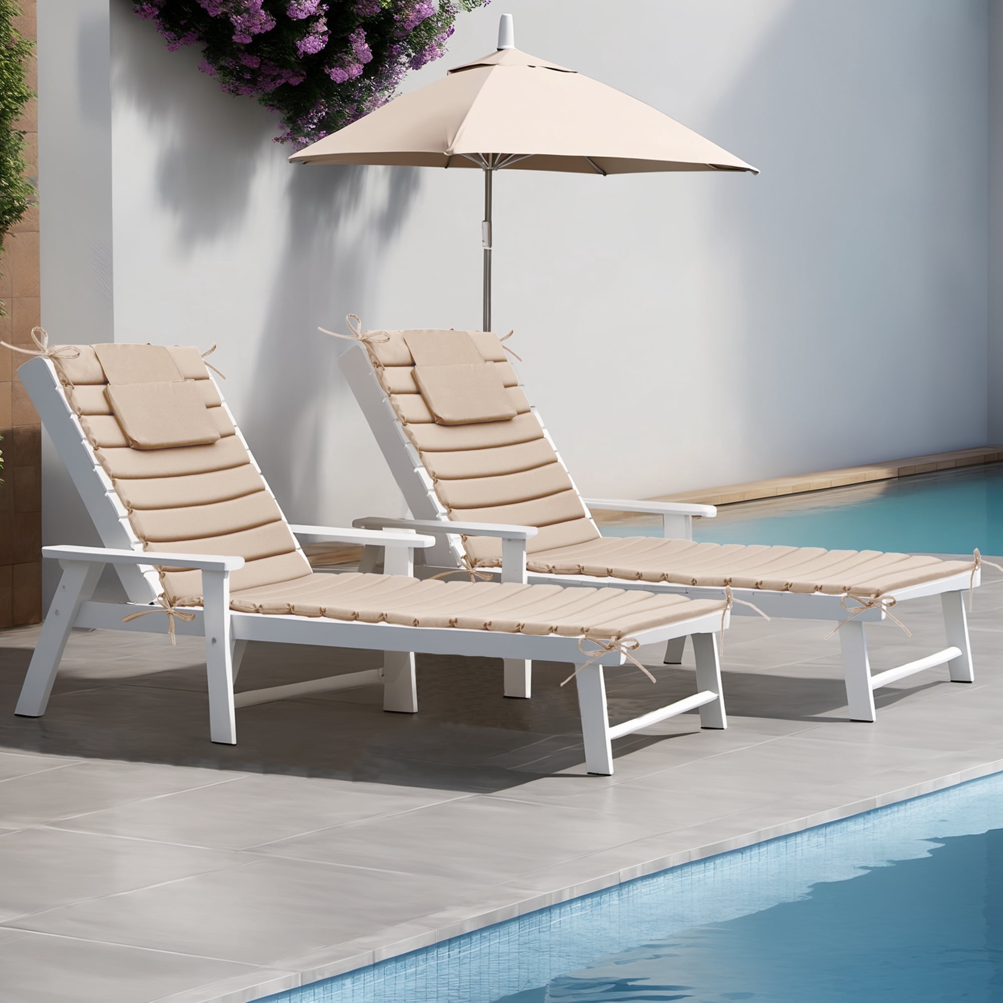 Pellebant Outdoor Set of 2 Chaise Lounge Cushions with Headrest for Patio Furniture,80"L x 26"W x 1"T Beige