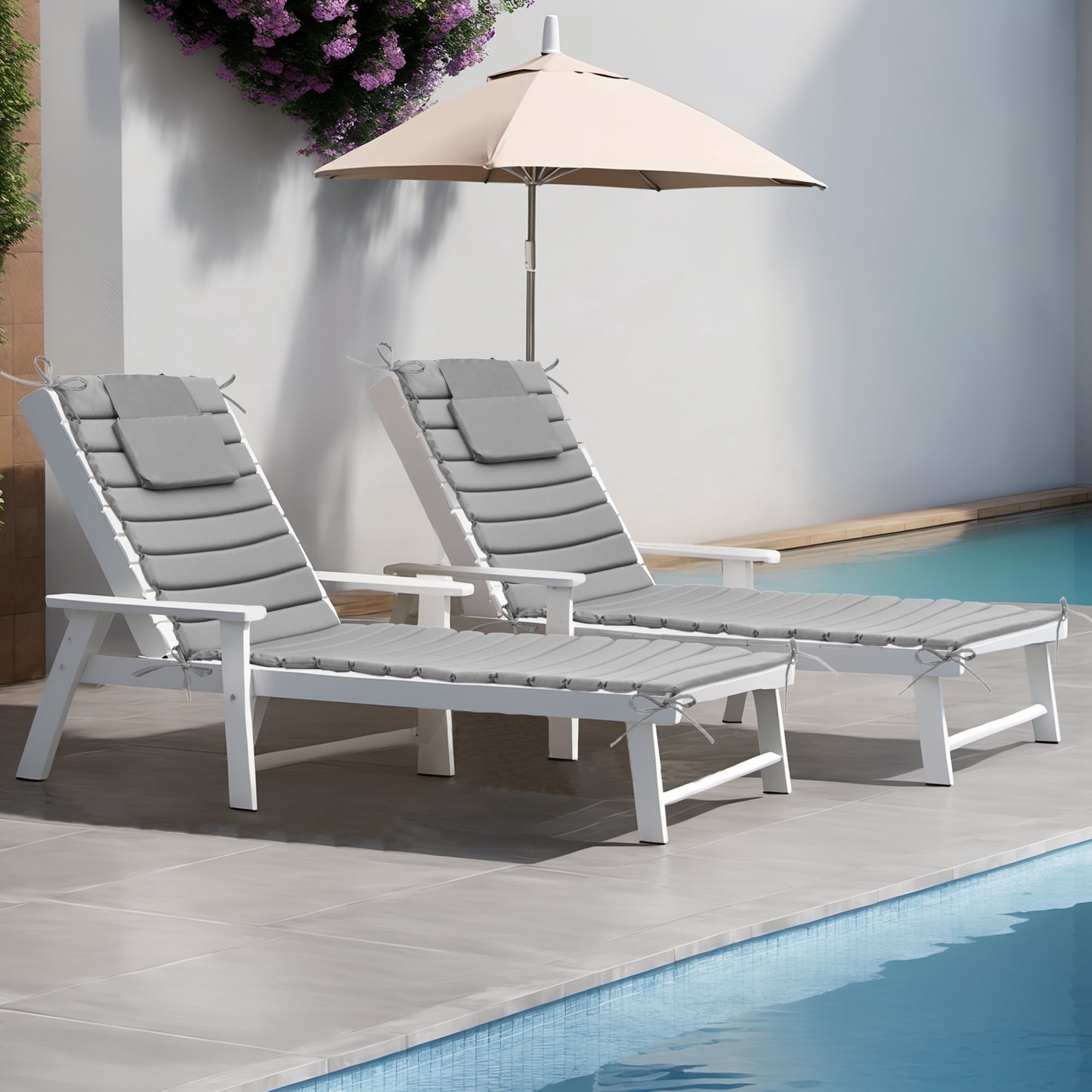 Pellebant Outdoor Set of 2 Chaise Lounge Cushions with Headrest for Patio Furniture,80"L x 26"W x 1"T Light Gray