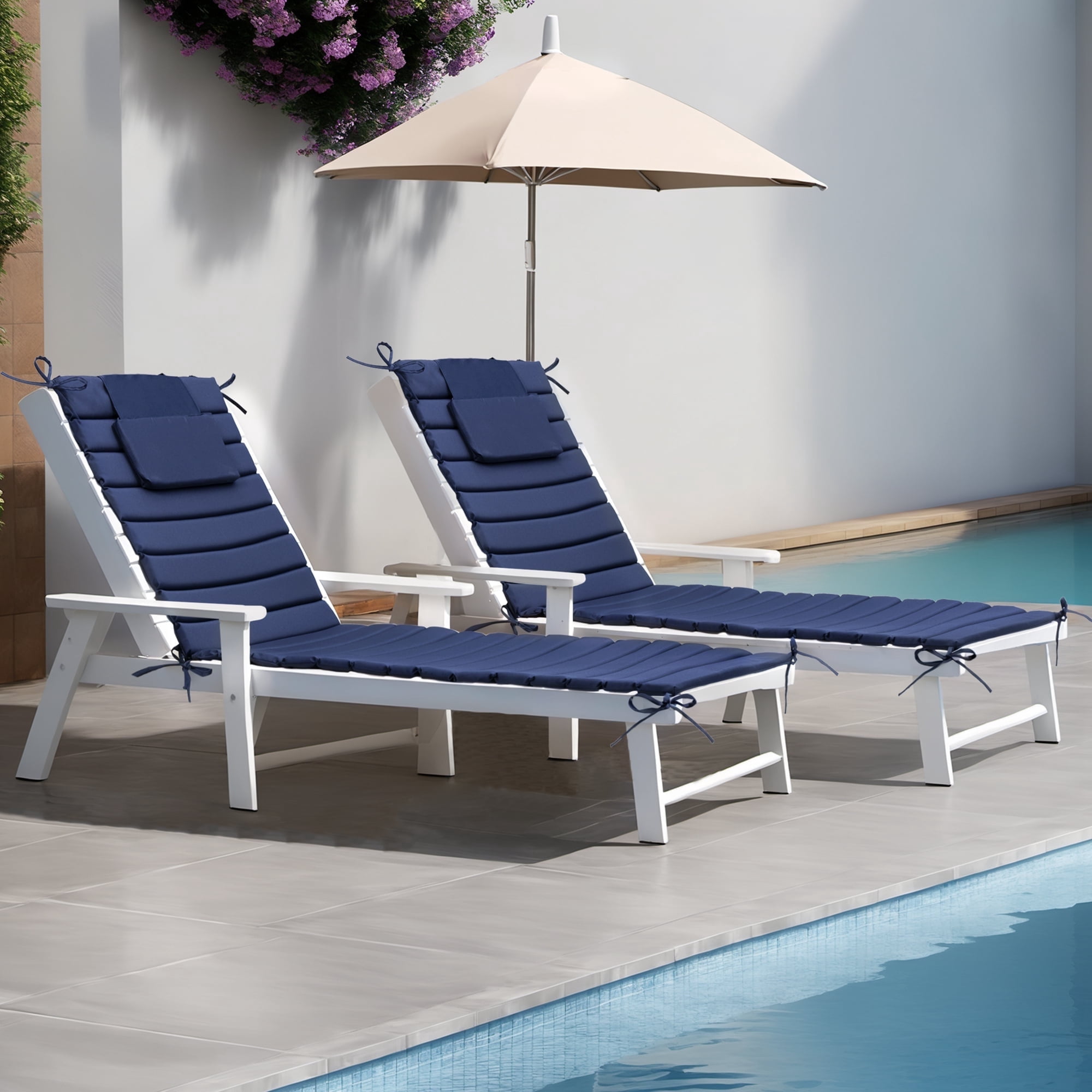 Pellebant Outdoor Set of 2 Chaise Lounge Cushions with Headrest for Patio Furniture,80"L x 26"W x 1"T Navy Blue