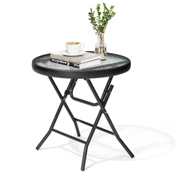 Pellebant Foldable Patio Side Table with Tempered Glass Top 18" Small Glass Patio End Tables for Porch Yard Balcony Deck Lawn Dining Garden (Black)